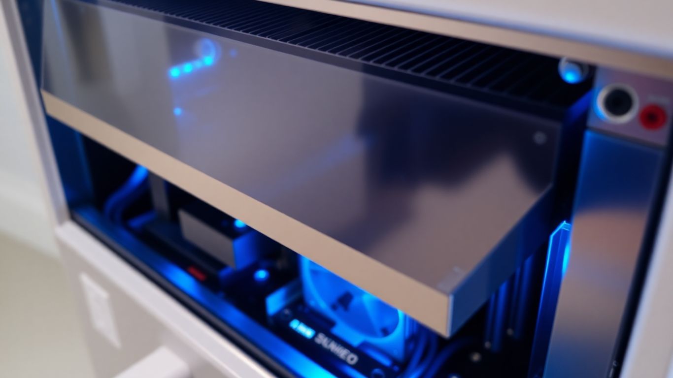 Modern inverter with luminous blue internal components.