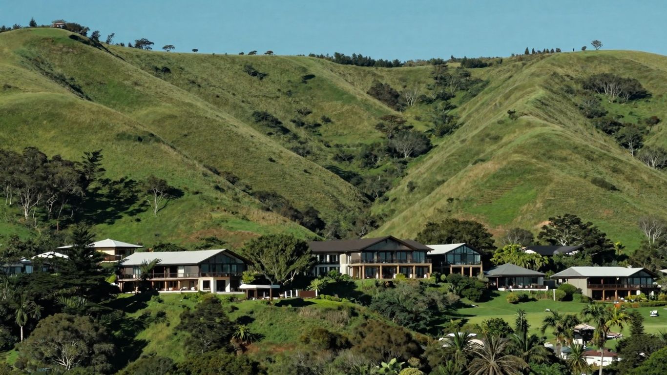 Lush hills and architecture at Gaia Retreat, Byron Bay.