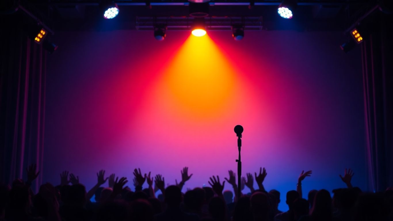 Empty comedy stage with spotlight and audience silhouettes.