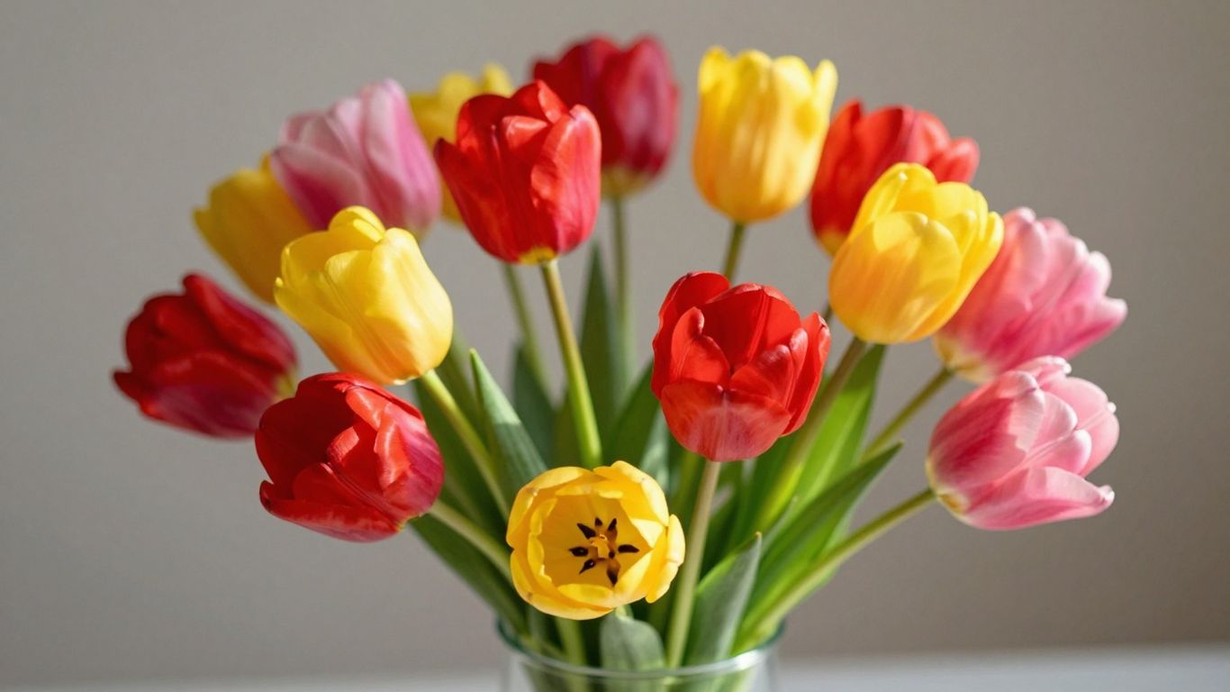 Boeket tulpen in vaas met groene stelen.