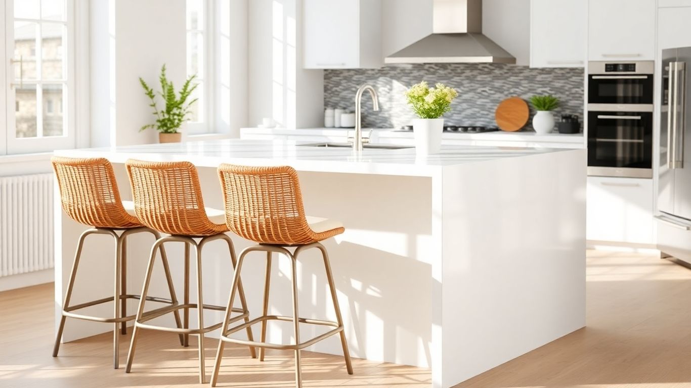 Wicker bar stools at a kitchen island.