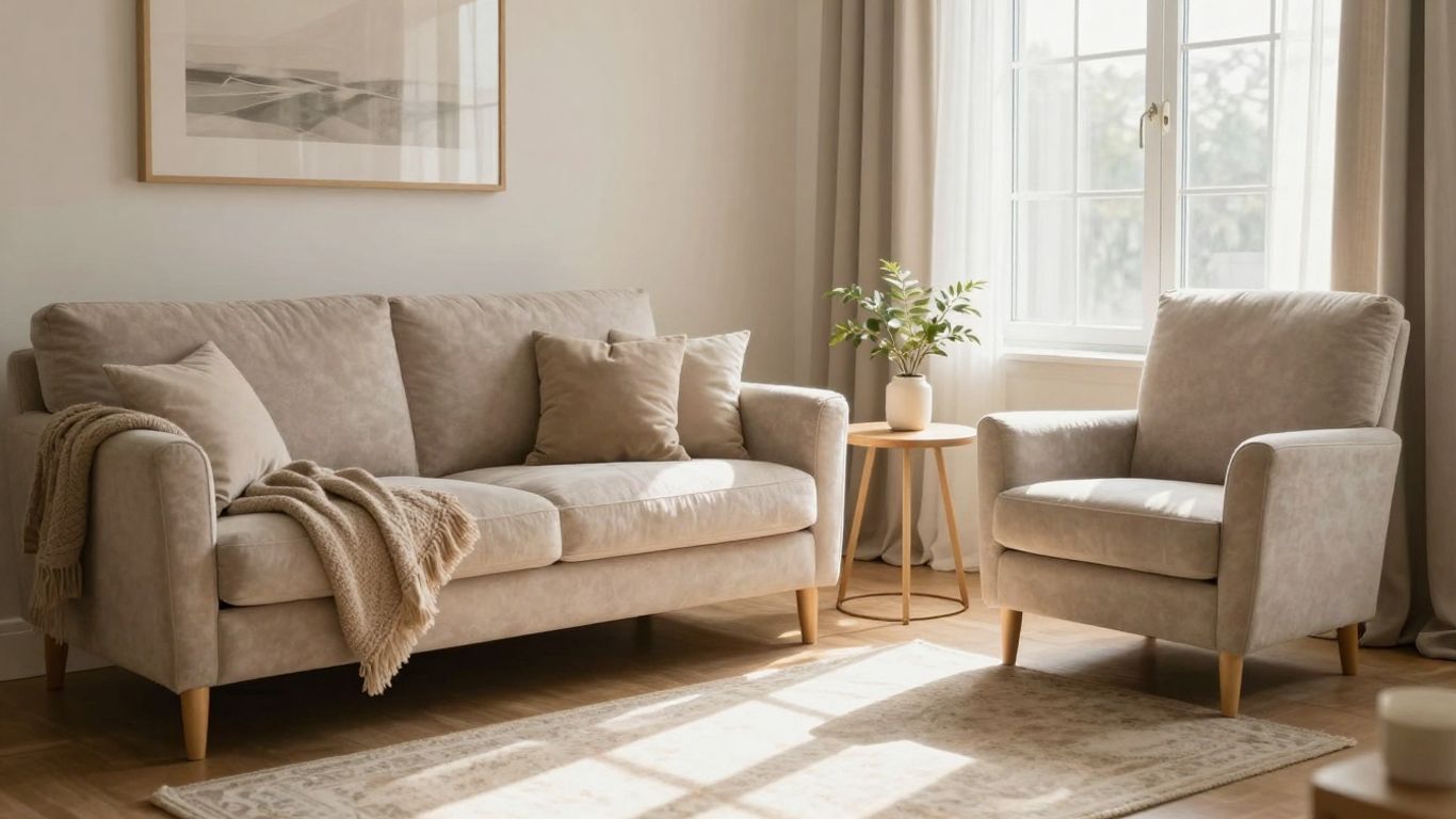 Comfortable furniture in a sunlit Airbnb living room.