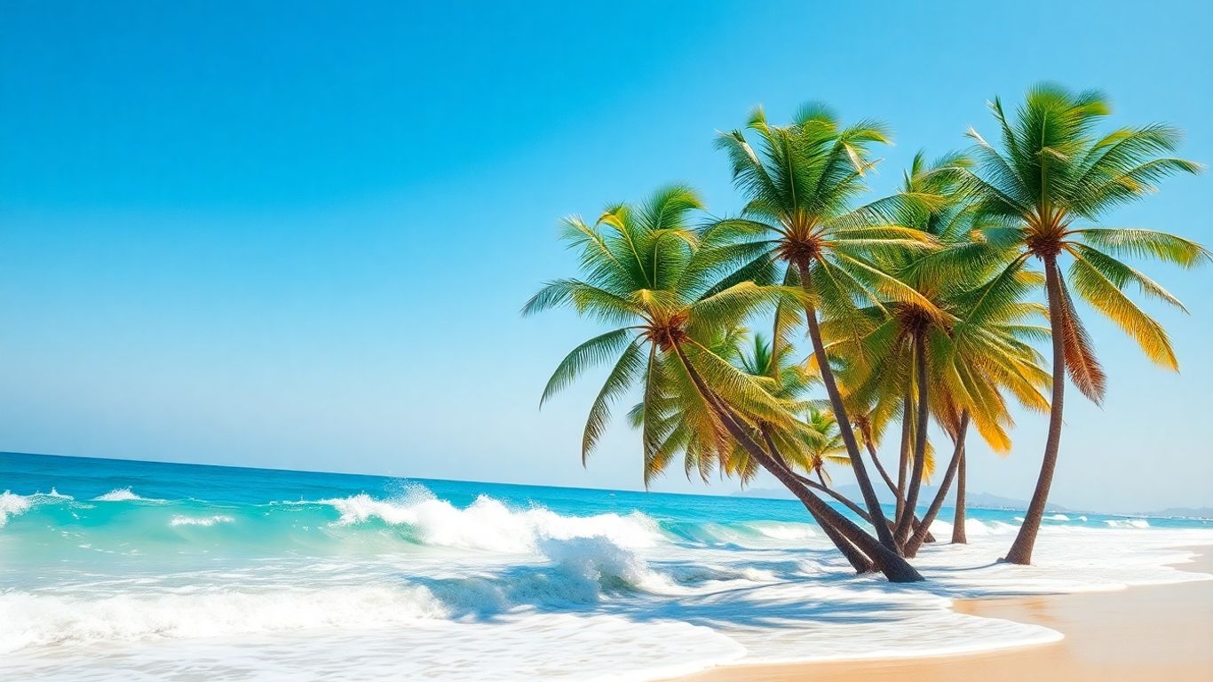 Sunny beach with palm trees and ocean waves.
