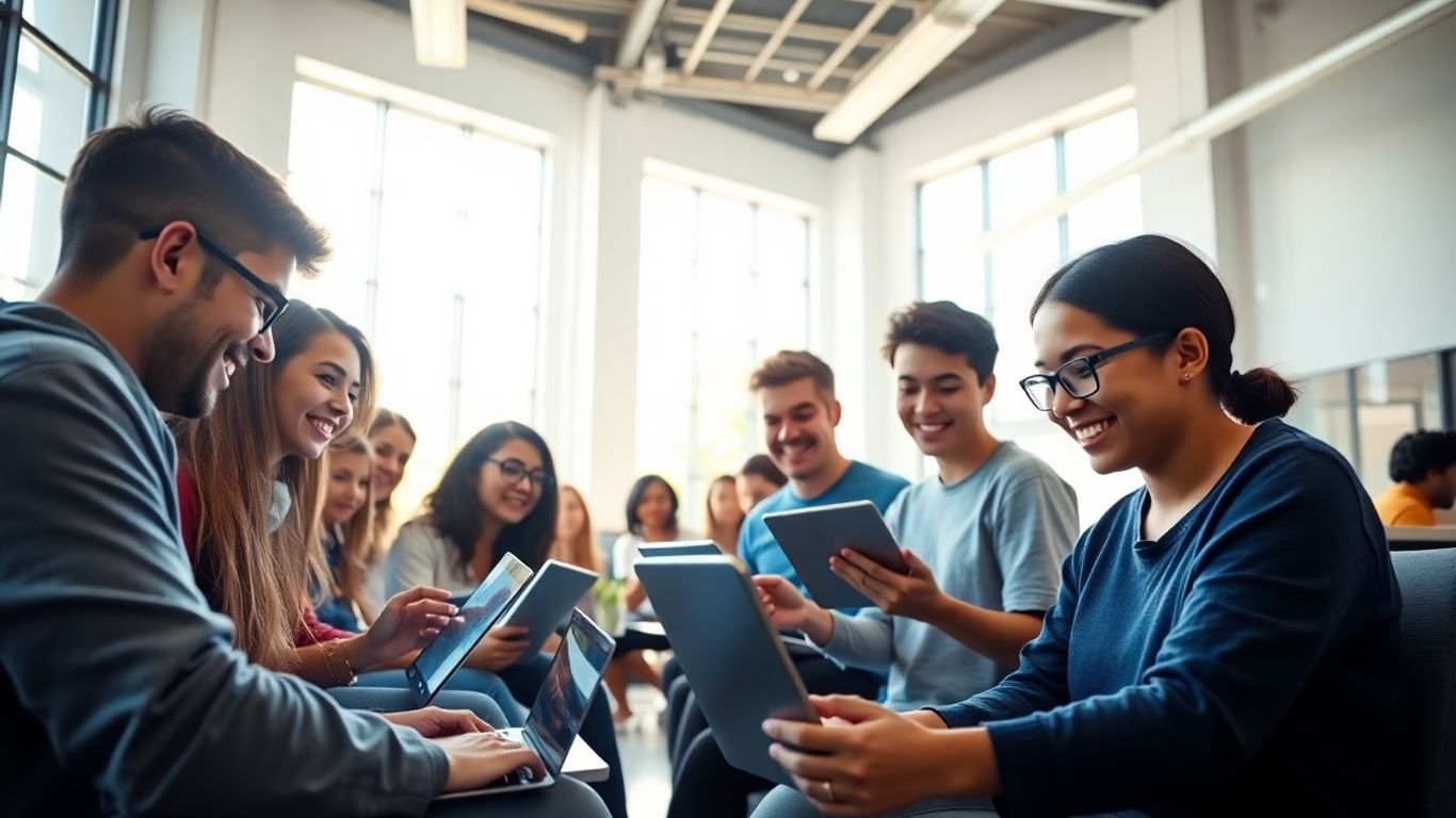 Pessoas estudando em computadores com um sorriso.