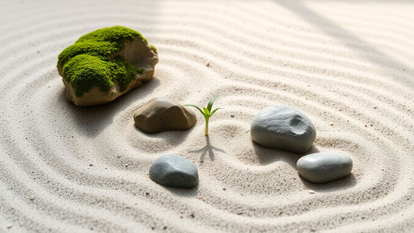 Mini-grădină zen cu nisip, pietre și plante.