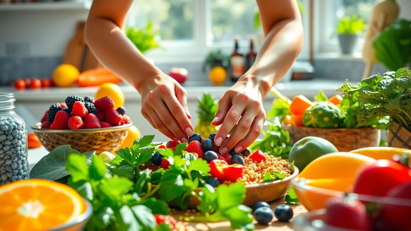 Pessoa preparando refeição saudável com frutas e vegetais frescos.
