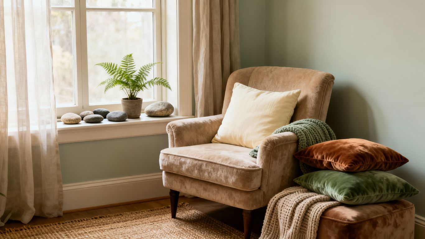 宁静的角落，舒适的扶手椅，柔和的灯光，绿植。