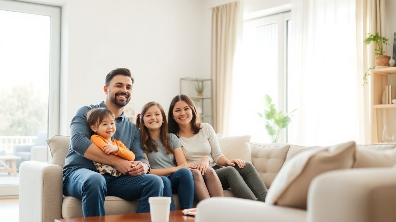 Familia feliz y segura en su hogar protegido.