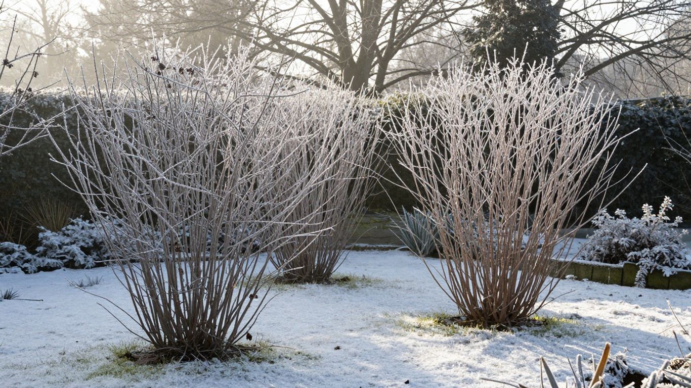 Wintergarten mit frostigen Pflanzen und Schnee