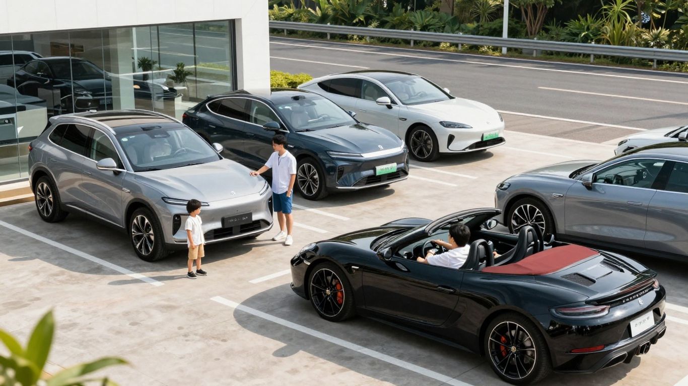 Carros modernos à venda em uma concessionária e em uma estrada panorâmica.