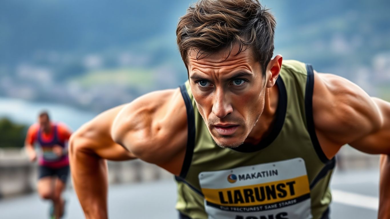 Runner at marathon pace on a scenic course.