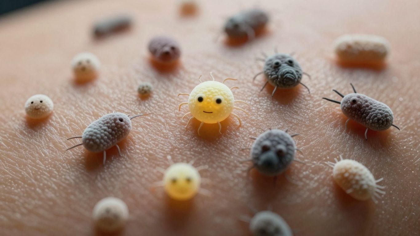 Microscopic view of skin microbiome, friendly and menacing organisms.