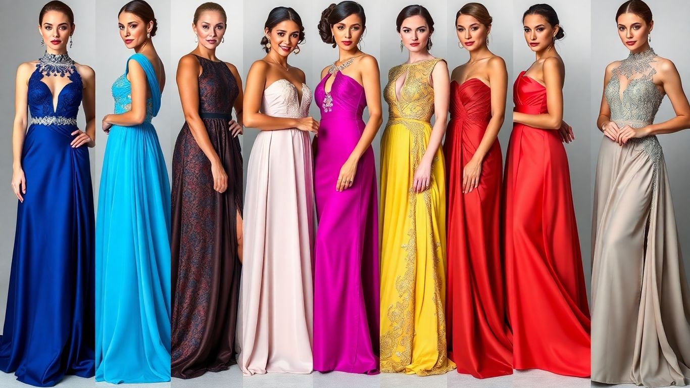 Elegant women's evening gowns in various colors and styles.