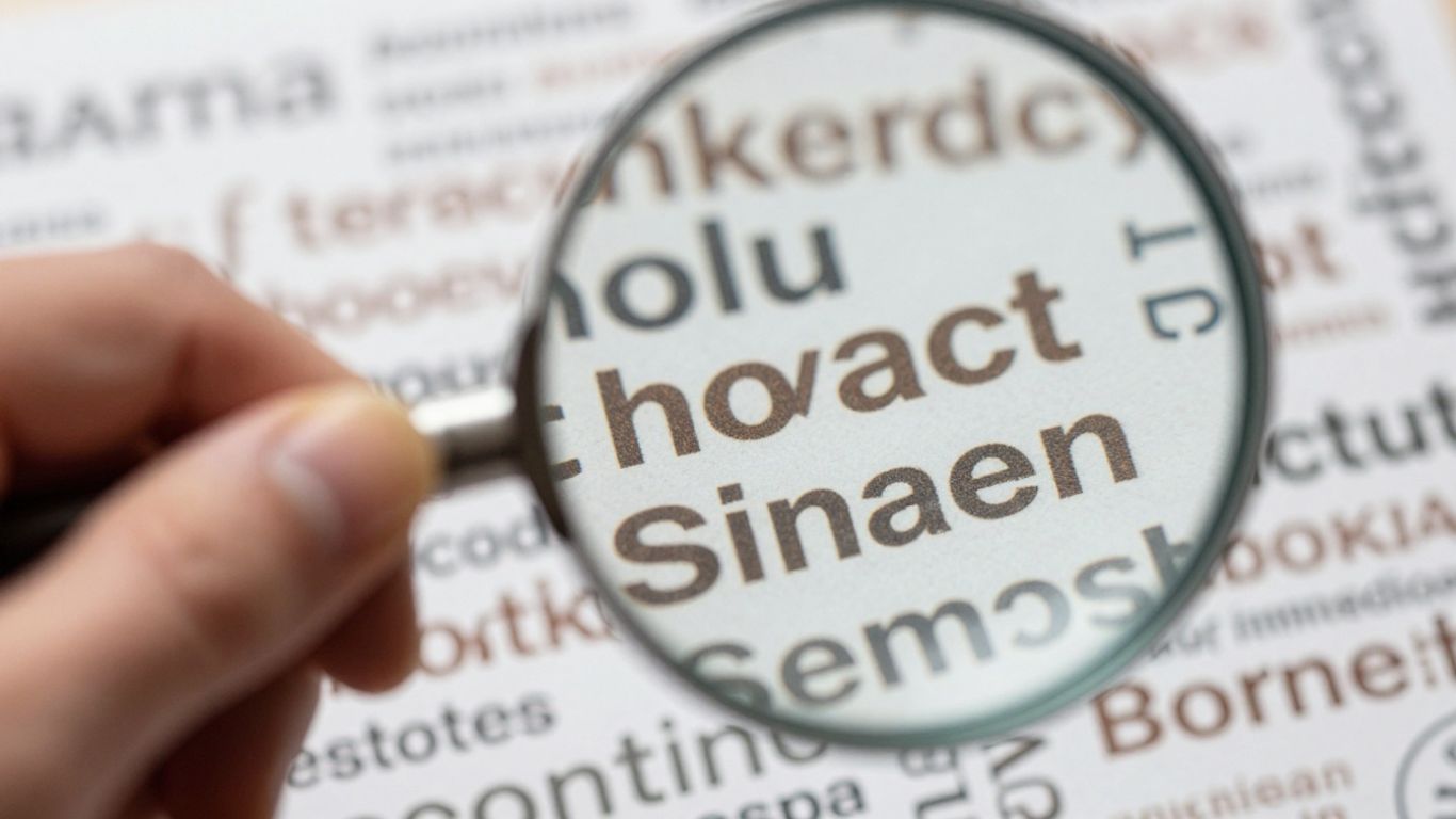 Loupe examinant des mots-clés variés sur un fond flou.