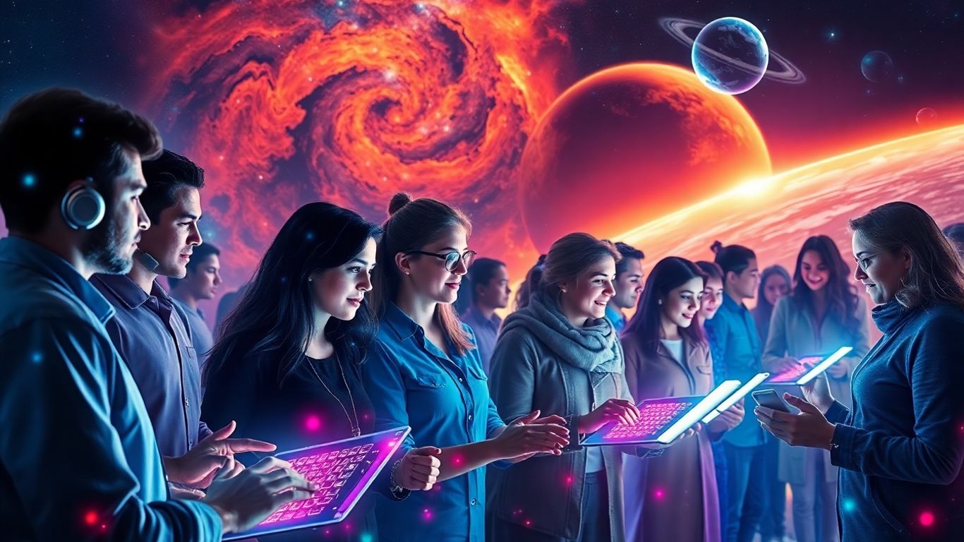 People communicating with AI through futuristic interfaces.