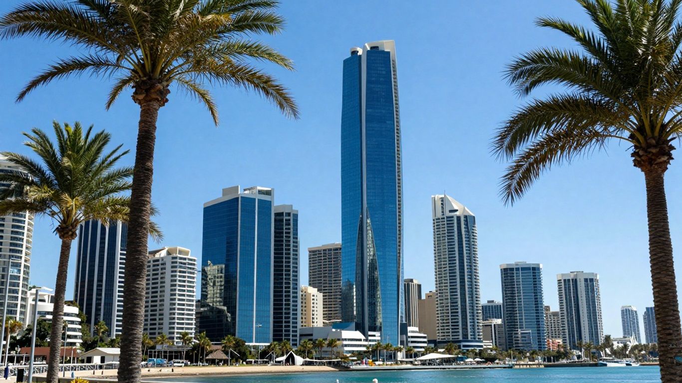 Gold Coast skyline with palm trees and ocean.