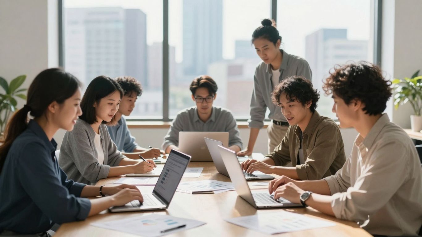 Diverse team collaborating in a modern office for social media marketing.