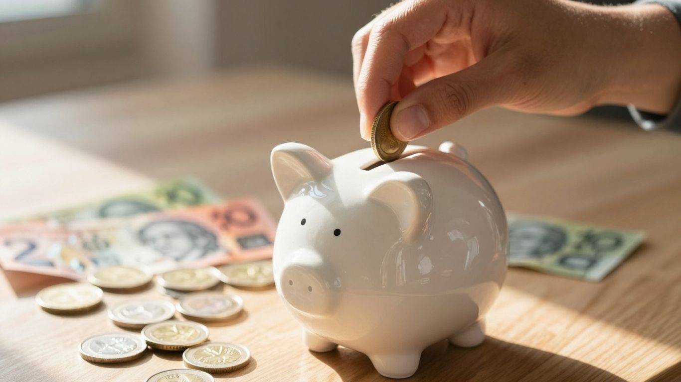 Person saving money in piggy bank, Australian currency visible.