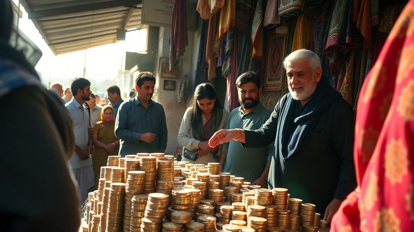 Pakistani marketplace with currency exchange and financial activity.