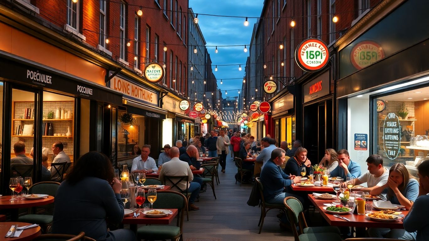 London street with affordable restaurant patios and happy diners