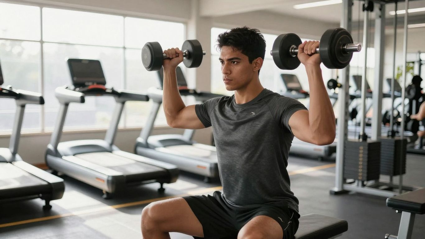 Beginner performing bicep curls in a bright, modern gym.