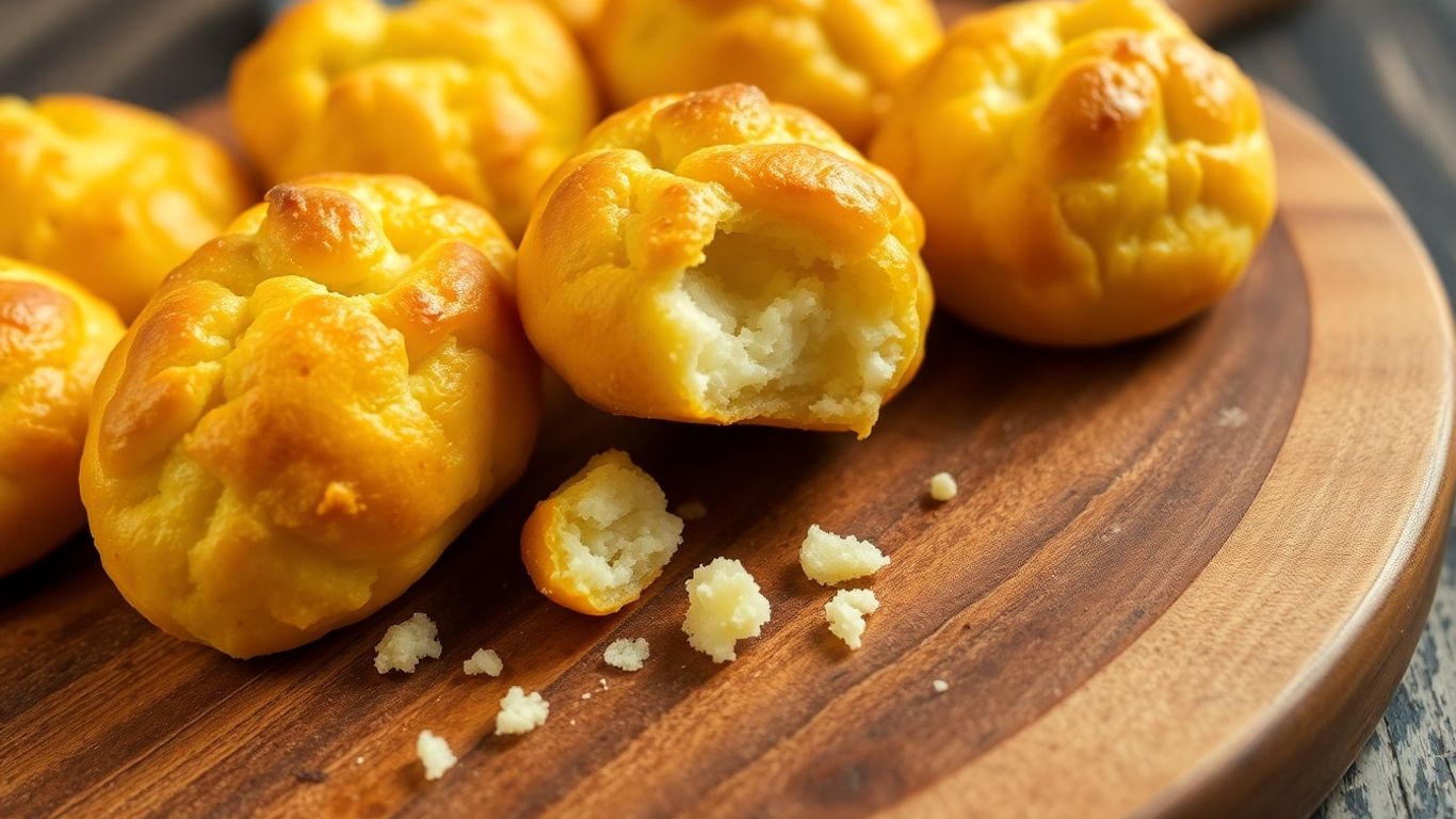Pão de queijo dourado e apetitoso em tábua de madeira. {Receitas Saudáveis para o Café}
