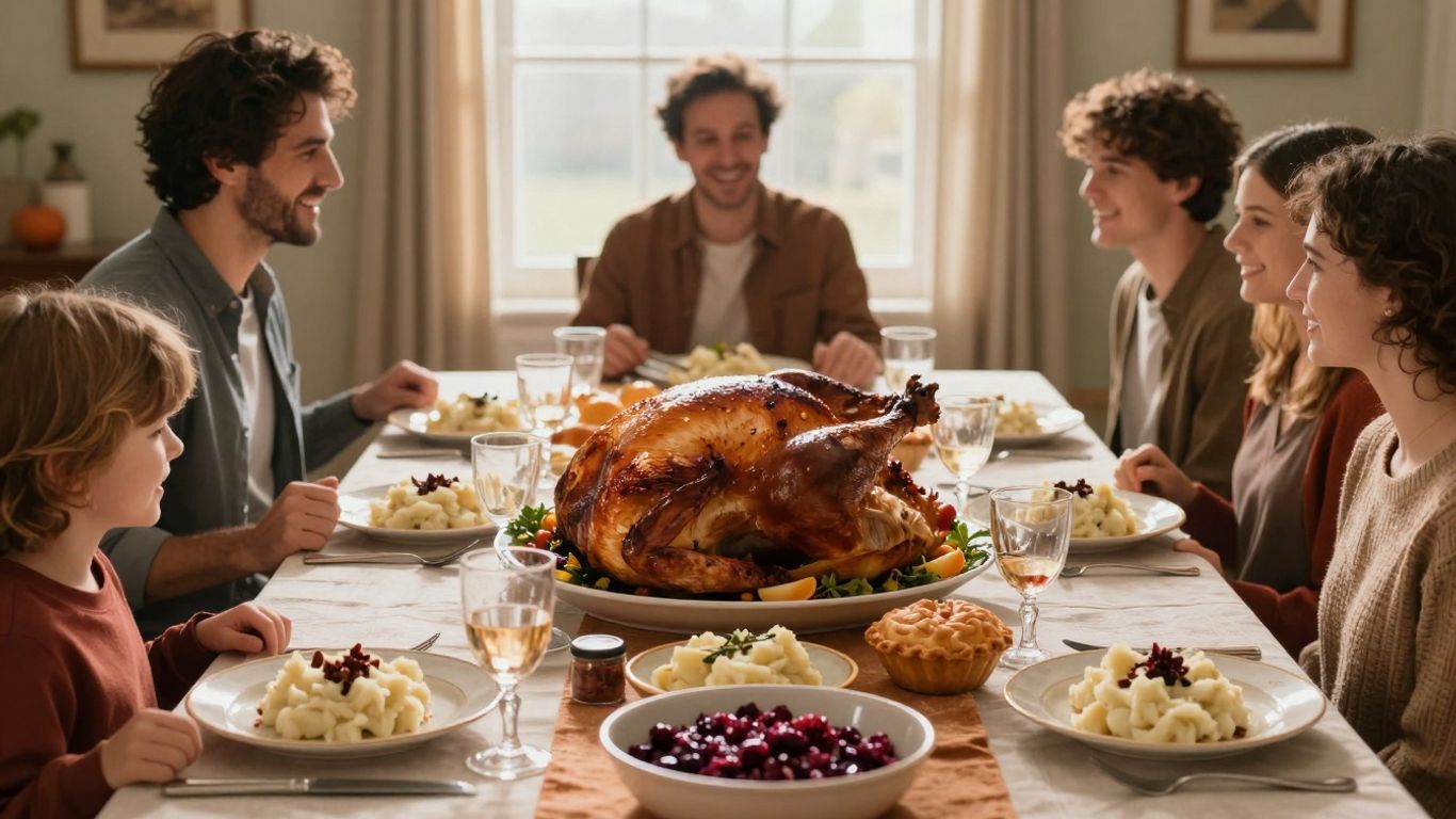 Familia celebrando el Día de Acción de Gracias con una cena abundante.