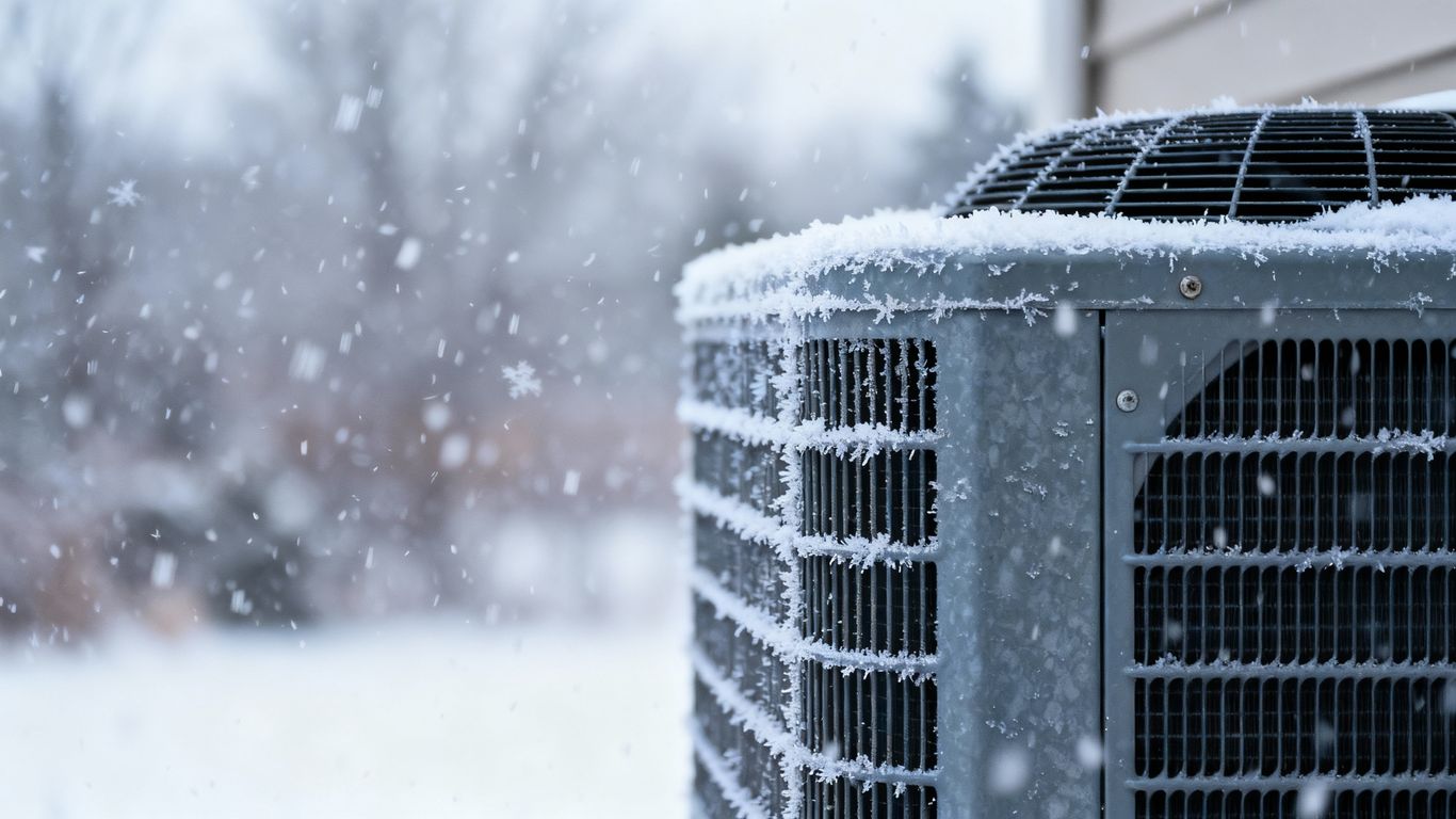 Winter HVAC unit with falling snow.