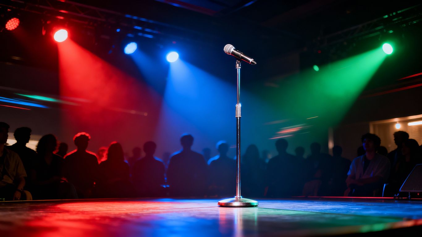 Stage with microphone and audience silhouettes.