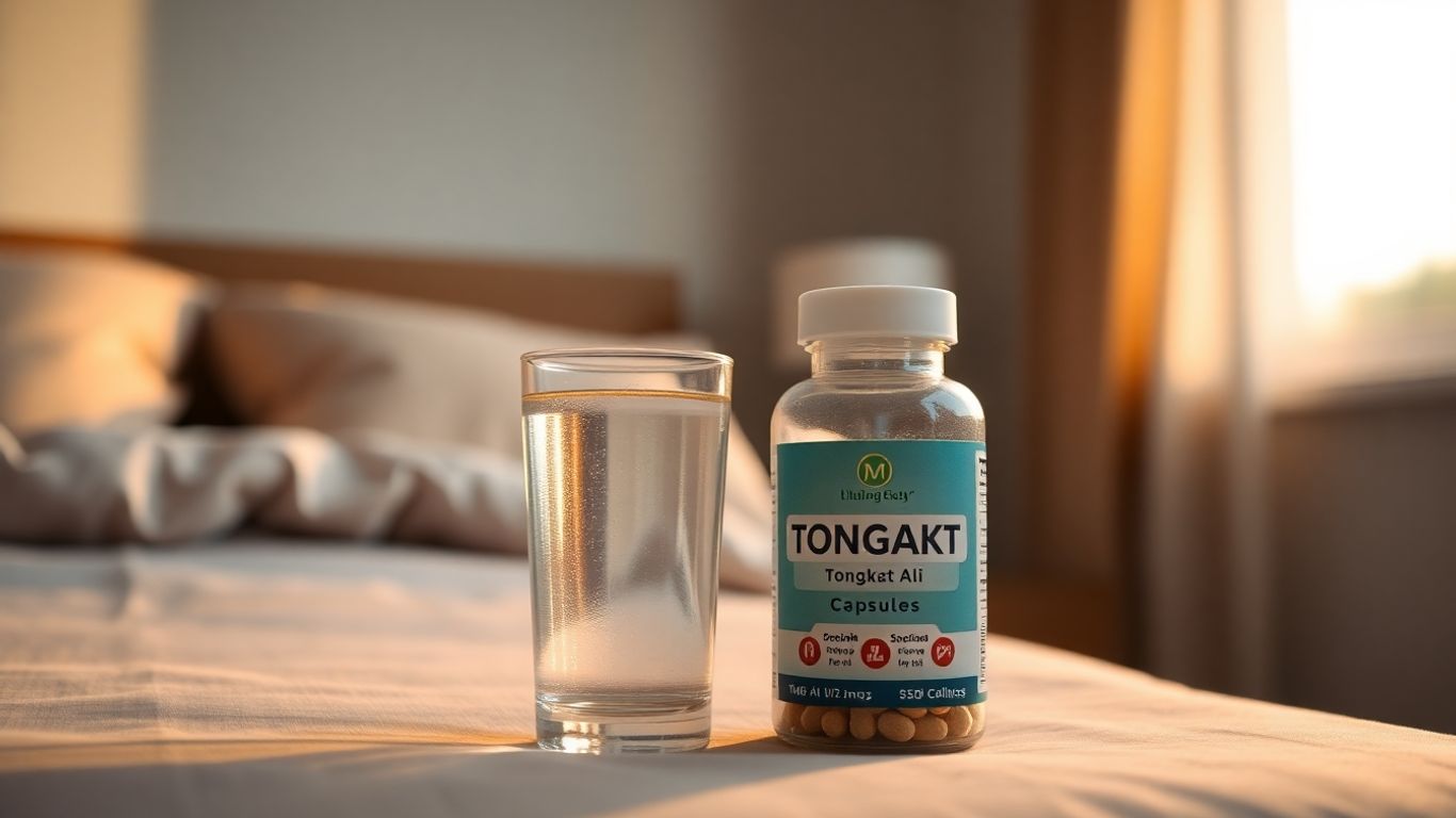 Evening Tongkat Ali capsules beside a glass of water