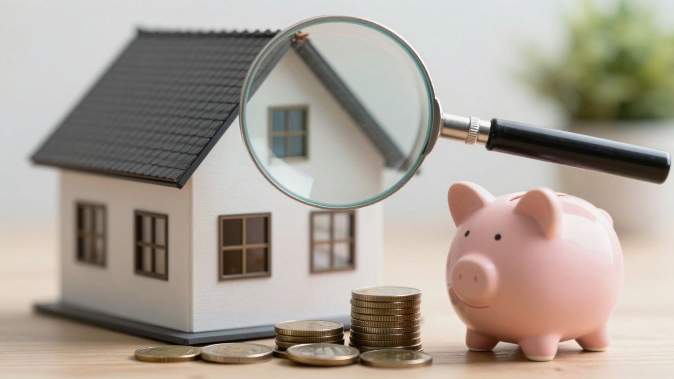 Casa con lupa examinando elementos de seguro hogar.