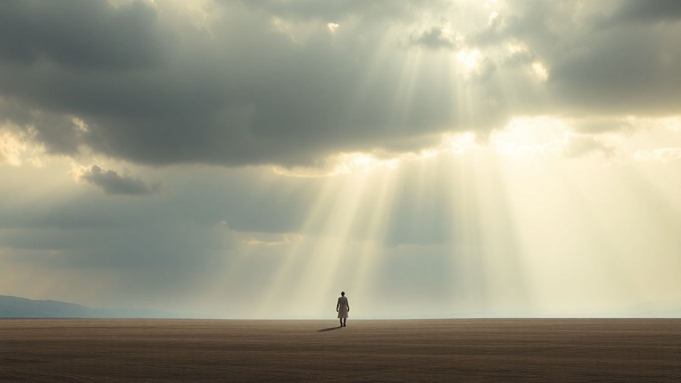 Figura solitária sob céu nublado com raios de luz.