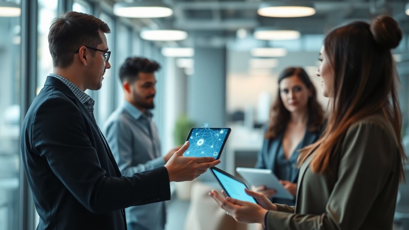 Professionals engaging with digital devices in a modern office.