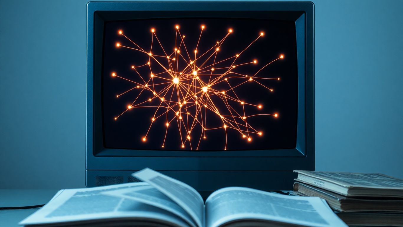 Vintage computer screen showing a web connecting old books.