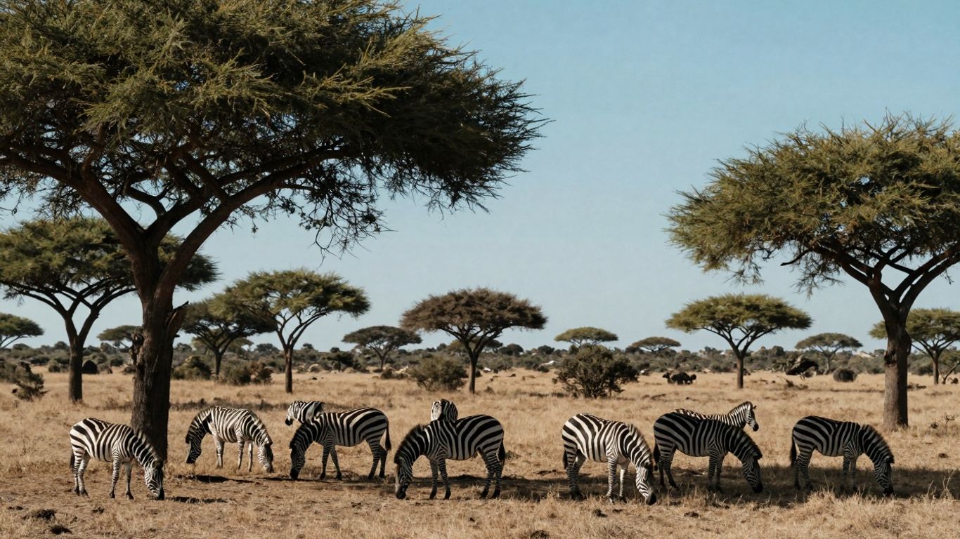 Zebras grazing on a savanna in Tanzania.