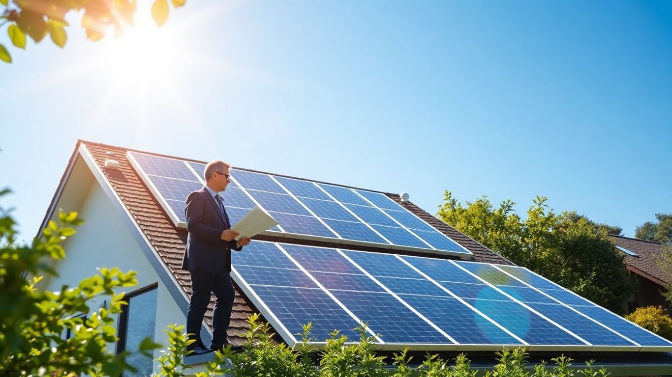 現代的な太陽光発電設備と投資家が庭で話している様子