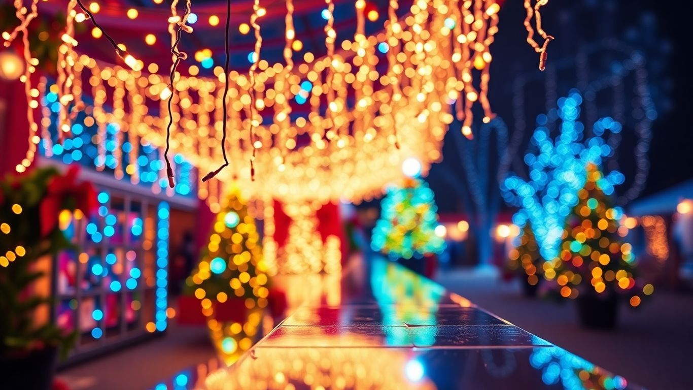 Sparkling Christmas lights illuminating a festive event scene.