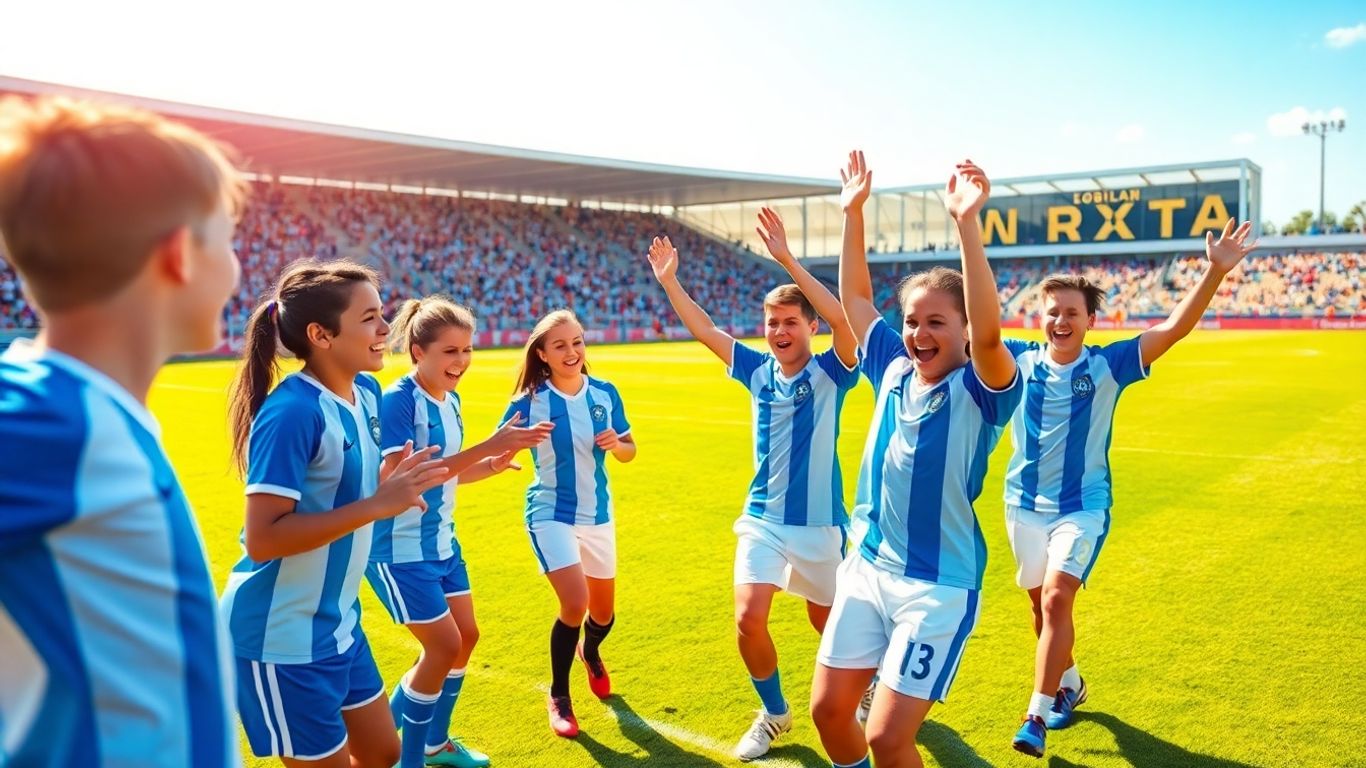 Young footballers celebrating on a green pitch.