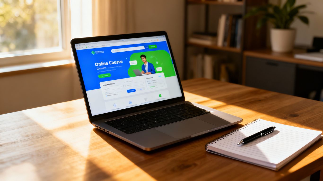 Laptop screen with online course, modern workspace.