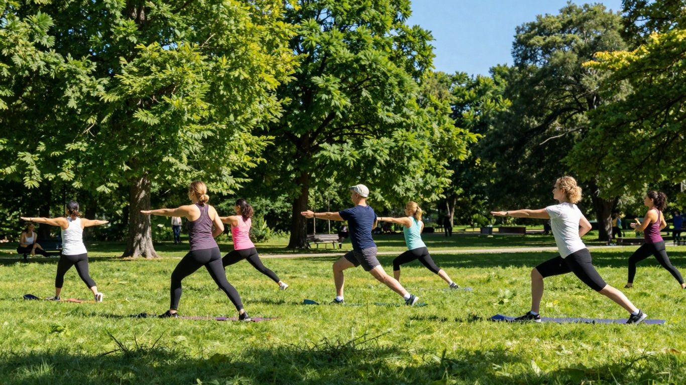 Oameni activi facând sport în parc, sub cerul senin.
