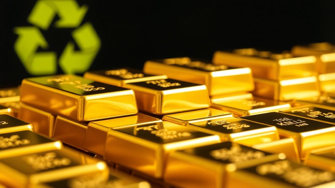 堆叠的金条上印着模糊的回收标志。