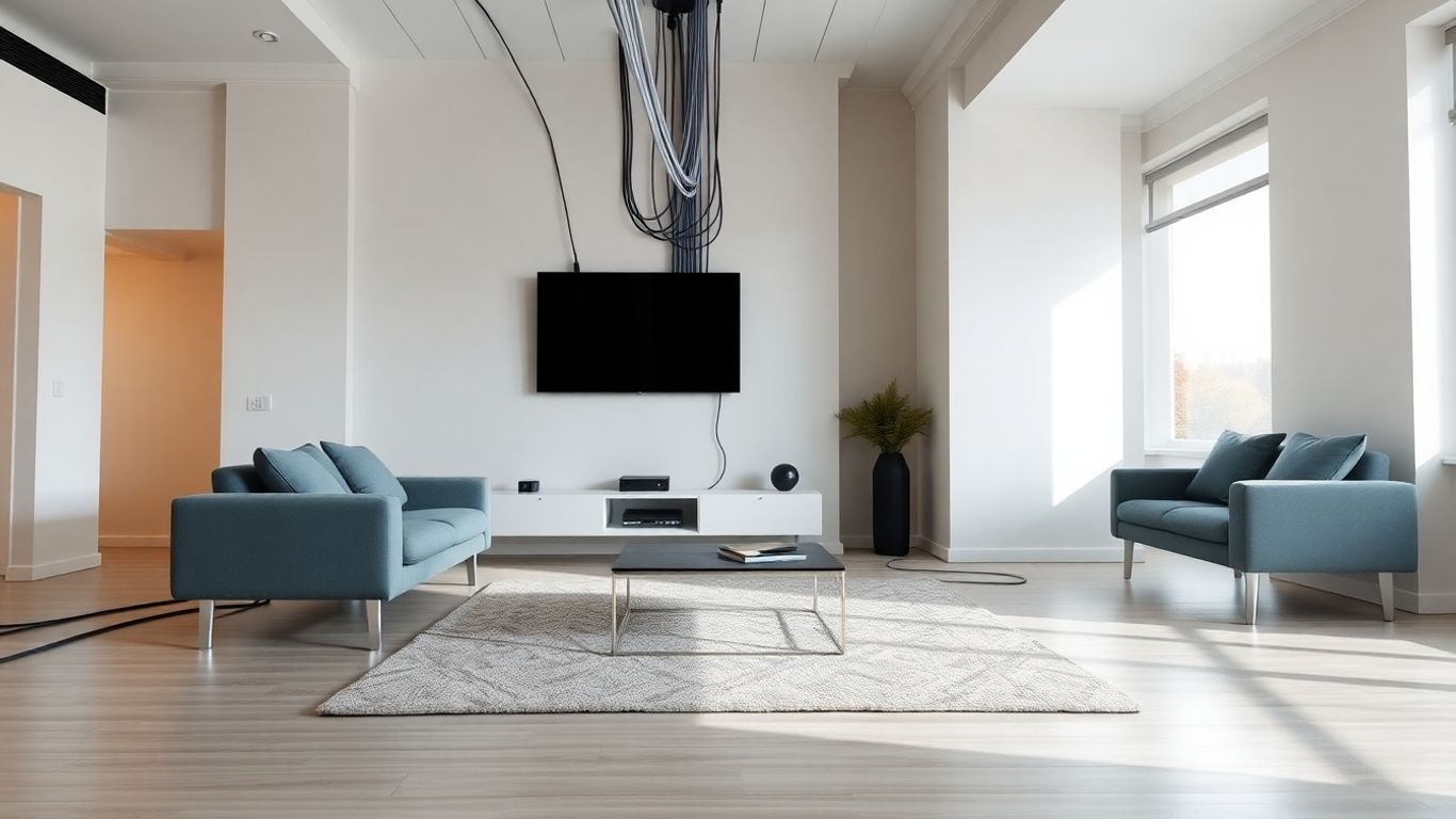 Smarthome Verkabelung mit Ethernet-Kabeln im Wohnzimmer