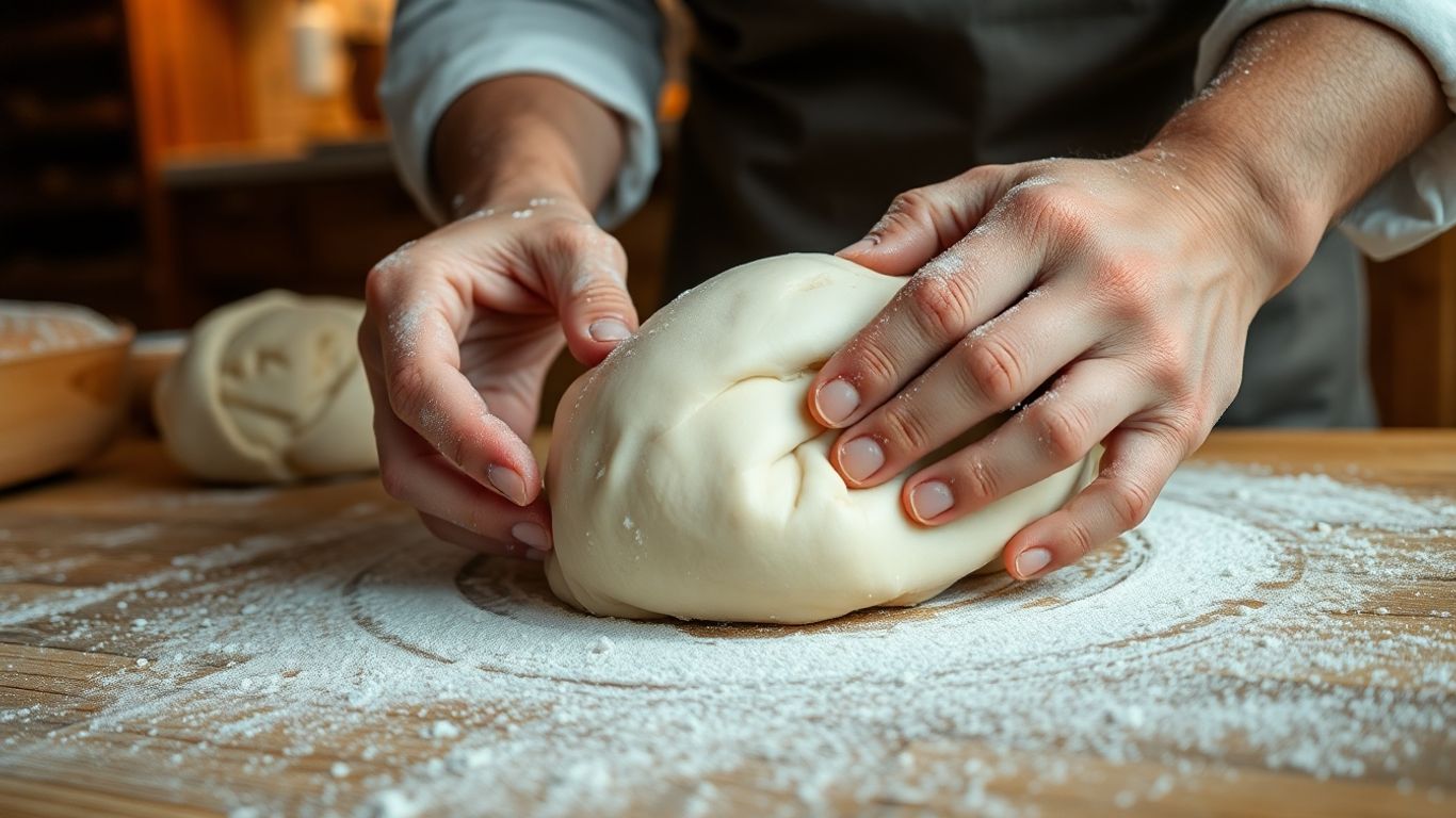 Mains de boulanger pétrissant de la pâte à pain.
