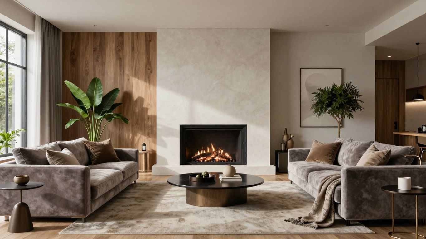 Luxurious modern living room with plush sofas and fireplace.