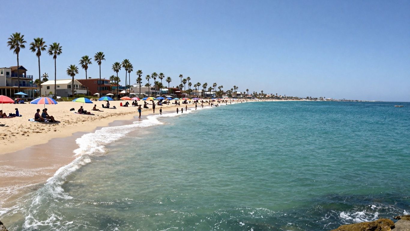 Medano Beach Cabo with clear blue water and golden sand.