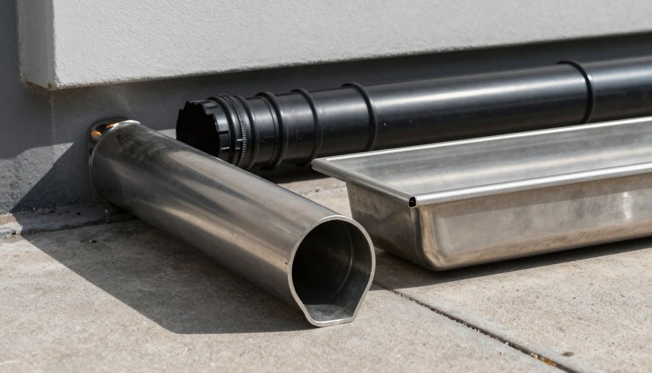A high resolution image showing a Stainless Steel drainage channel next to a Plastic (HDPE/Polypropylene) drainage channel, both set in a modern architectural setting, with natural light highlighting their surfaces.