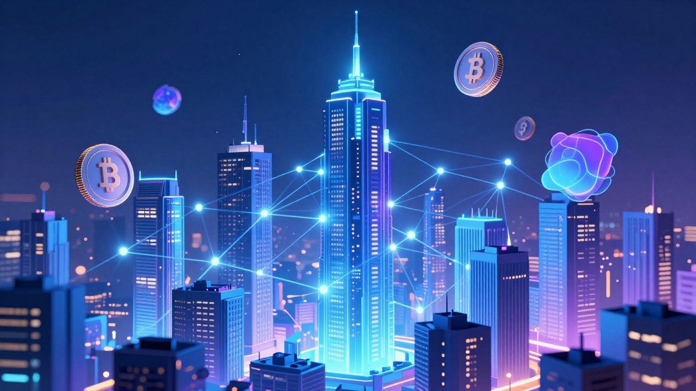Futuristic blockchain cityscape with digital assets.