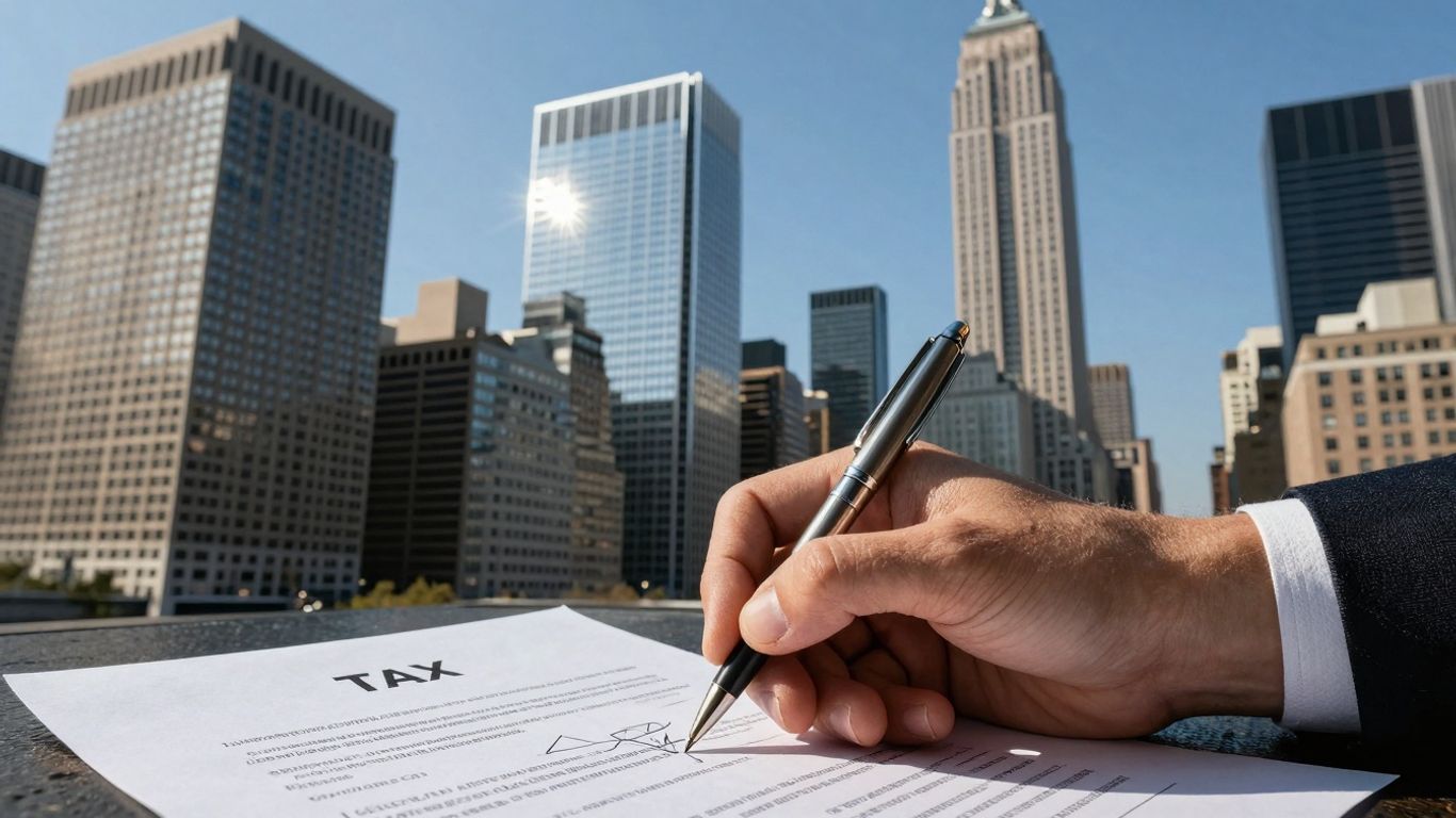 New York City skyline with tax document and pen.