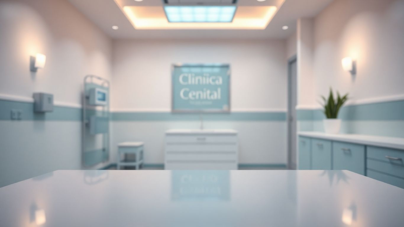 Clean clinic interior with soft lighting and a reflective surface.
