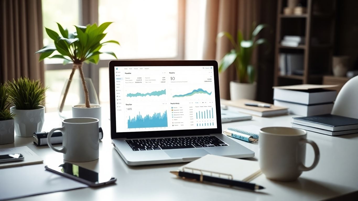 Modern workspace showing laptop with business dashboard